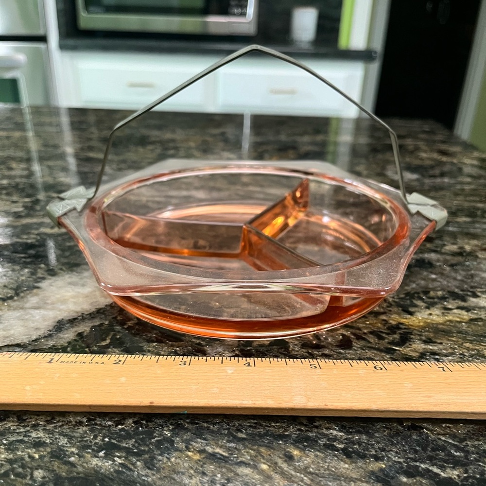 Vintage Glass Hexagon Pink Divided Plate - Candy Nut & Handle